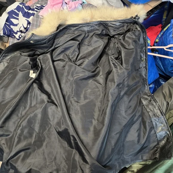 Vtg 60s Black Leather Fur Collar Cuffs Penny Lane Coat - Picture 7 of 13